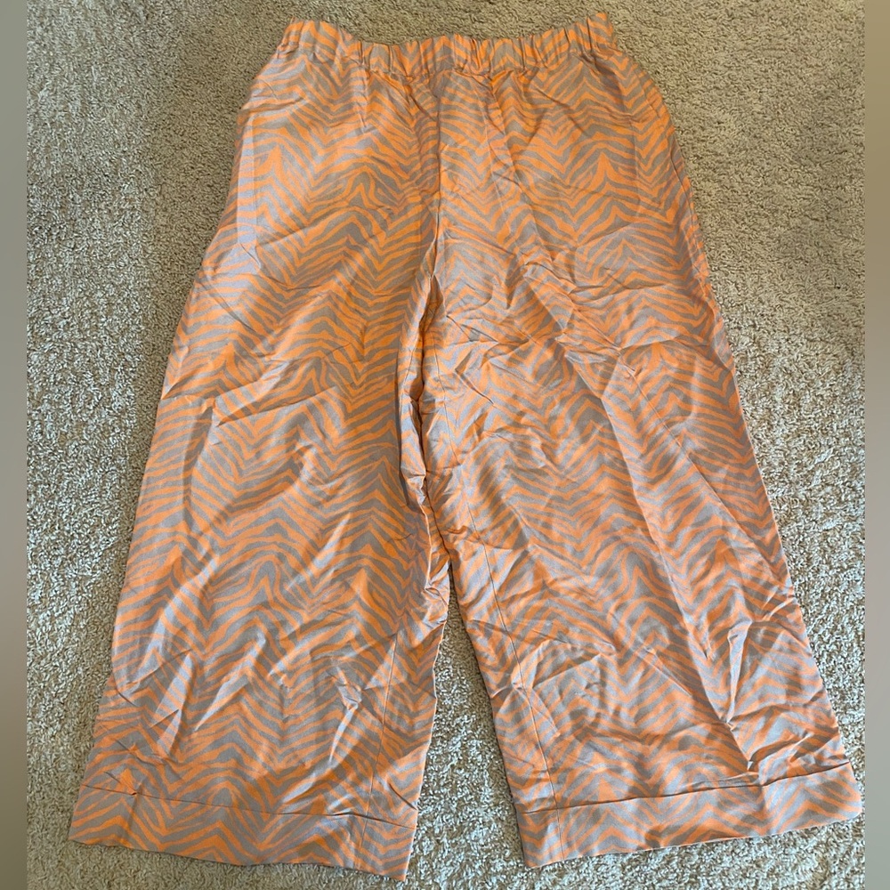 Lafayette 148 Orange/Tan Striped Printed 100% Silk Wide Leg Crop Pants